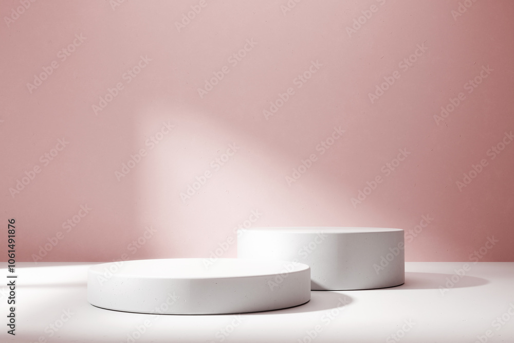 empty white podium on pink concrete background, showcase product,  Mock up podium for product presentation, 3d render