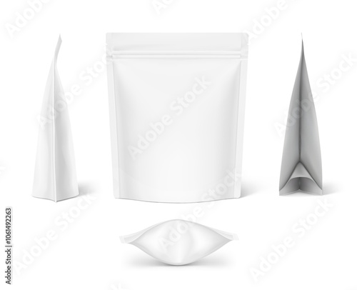 Realistic stand up pouch bag mockup with transparent shadow. Front, side, bottom and sectional views. Vector illustration isolated on white background. Ready for your design. EPS10.
