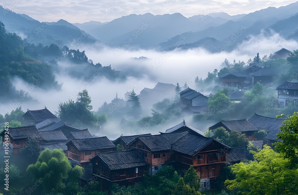village shrouded in mist,fogg with trees and houses village shrouded in mist,fogg with trees and houses