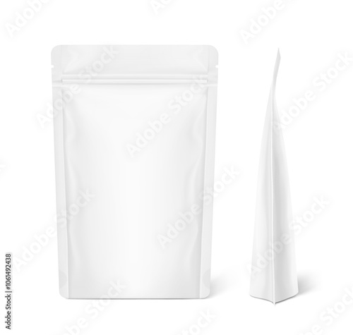 Realistic stand up pouch bag mockup with transparent shadow. Front and side views. Vector illustration isolated on white background. Ready for your design. EPS10.	