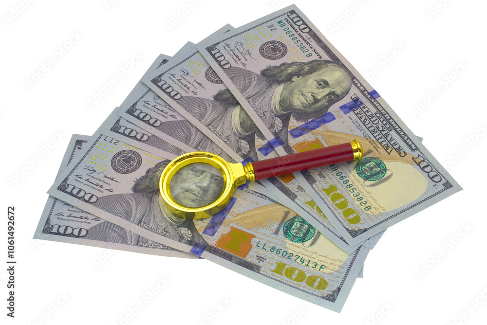 Hundred dollar bill and magnifying glass Hundred dollar bill and magnifying glass