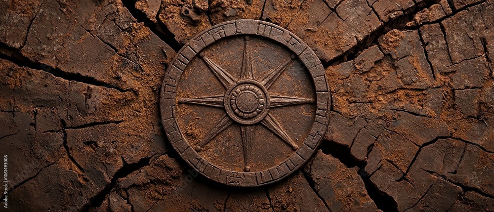 Naklejka premium Rustic compass design on cracked earthy surface, detailed texture, and aged appearance.