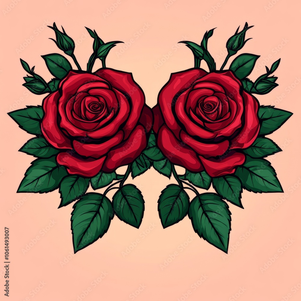 Two red roses with green leaves and buds on a light pink background. Two red roses with green leaves and buds on a light pink background.