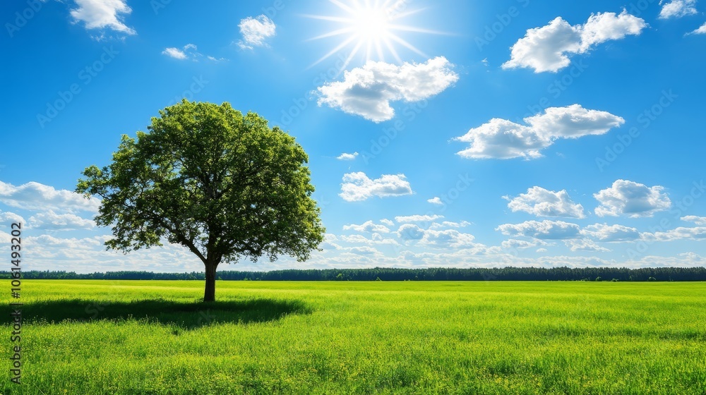 Obraz premium Sunkissed solitude, a majestic tree stands tall in serene field under radiant sky