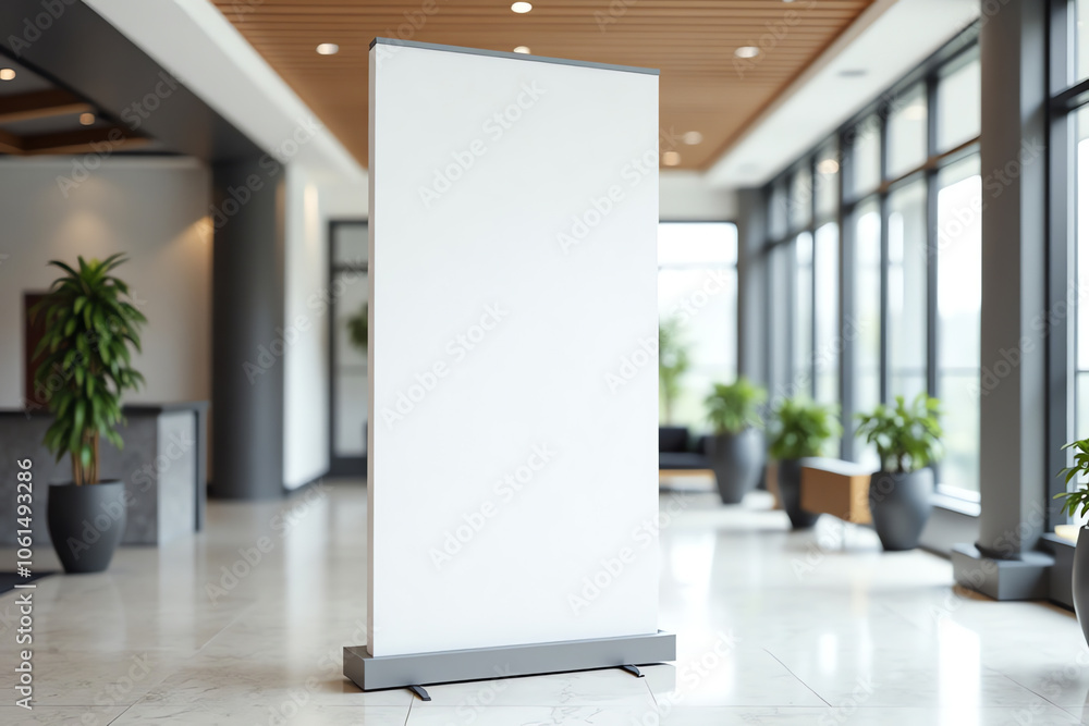 Modern office interior with blank roll-up banner mockup Modern office interior with blank roll-up banner mockup