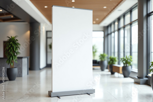 Modern office interior with blank roll-up banner mockup