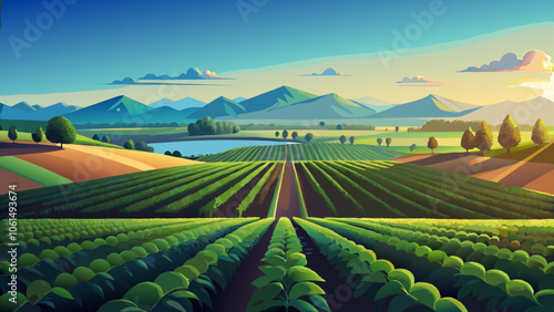 Wonderful landscape from a soy plantation, Aerial high view, early stage soy, higher field on background, spectacular clean blue sky above with sunrising. Generative