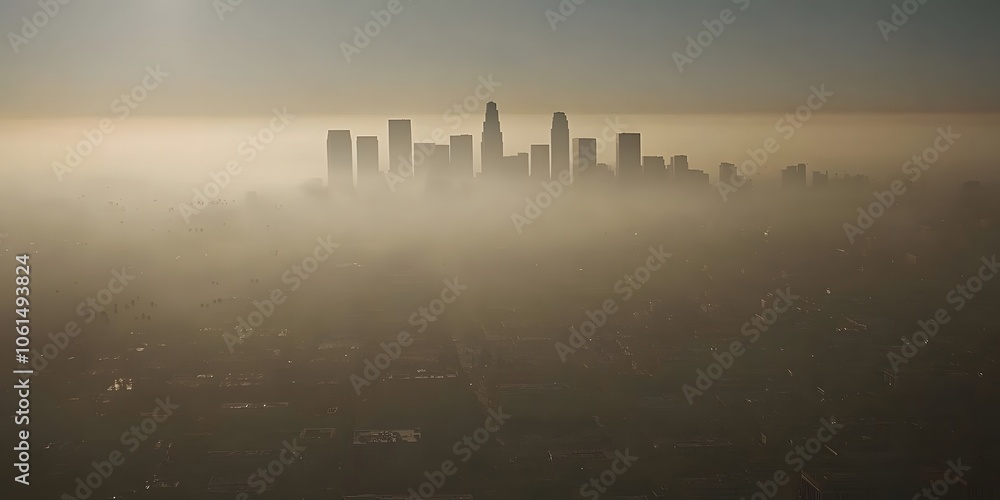 Fototapeta premium photo of air pollution over city skyline visible through the smog, clouds, white sky