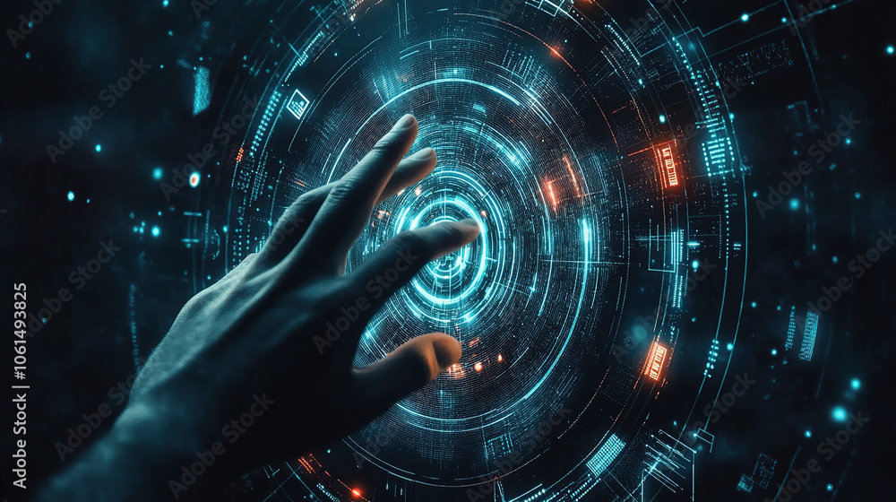 Fototapeta premium Hand touching a futuristic digital hologram with a circular graphic interface on a dark background, an AI technology concept