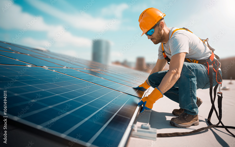 a man wearing a orange hard hat, safety harness, and gloves, working on a rooftop solar panel. He is kneeling on the roof and appears to be installing the panels generative ai a man wearing a orange hard hat, safety harness, and gloves, working on a rooftop solar panel. He is kneeling on the roof and appears to be installing the panels generative ai