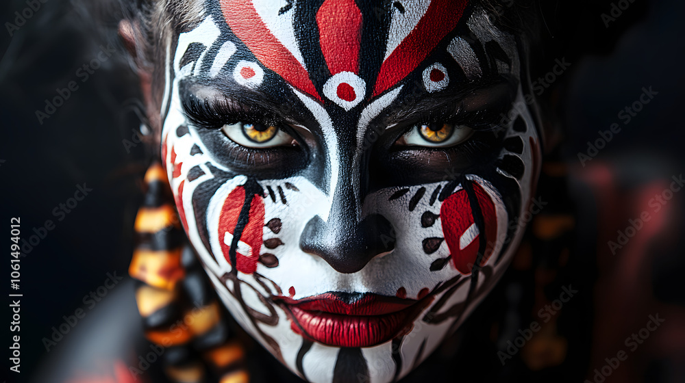 Naklejka premium A person with intricate tribal makeup inspired by Halloween themes.