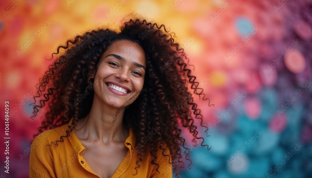 A joyful woman with curly hair smiles brightly against a colorful abstract background in a sunny outdoor setting, capturing the essence of happiness A joyful woman with curly hair smiles brightly against a colorful abstract background in a sunny outdoor setting, capturing the essence of happiness