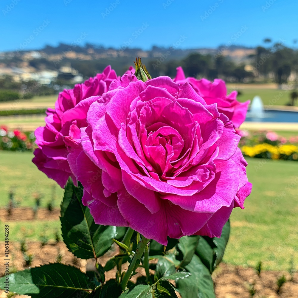Obraz premium A vibrant magenta rose in full bloom with a blurred background of a garden.