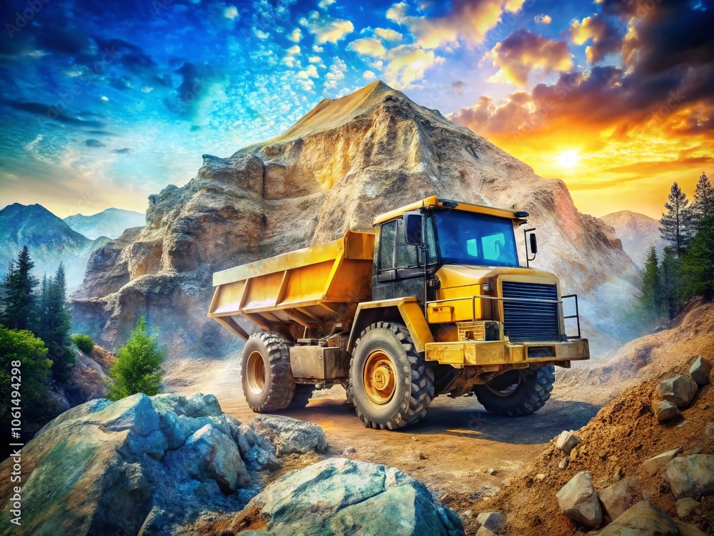 Stunning Double Exposure of Yellow and Blue Construction Truck in a Quarry with Striking 3D Illustration, Showcasing Industrial Machinery and Natural Elements in a Unique Art Style Stunning Double Exposure of Yellow and Blue Construction Truck in a Quarry with Striking 3D Illustration, Showcasing Industrial Machinery and Natural Elements in a Unique Art Style