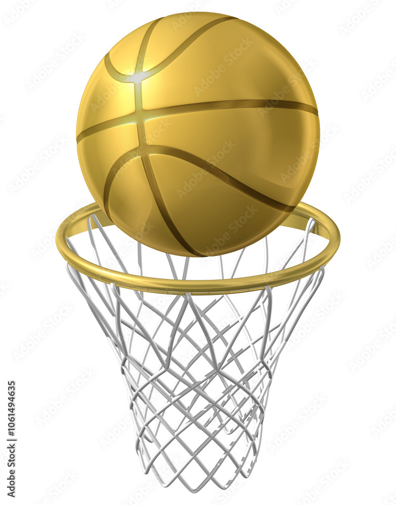 A golden basketball about to enter a hoop, highlighting the excitement of scoring in a basketball game. 3D illustration A golden basketball about to enter a hoop, highlighting the excitement of scoring in a basketball game. 3D illustration
