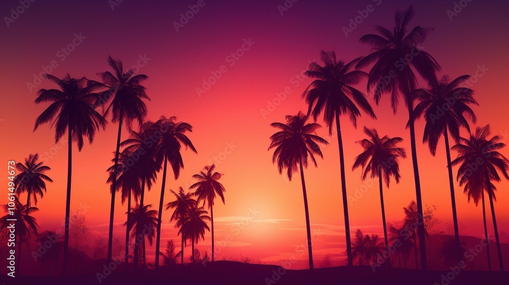 Vibrant Sunset Sky with Palm Tree Silhouettes Vibrant Sunset Sky with Palm Tree Silhouettes