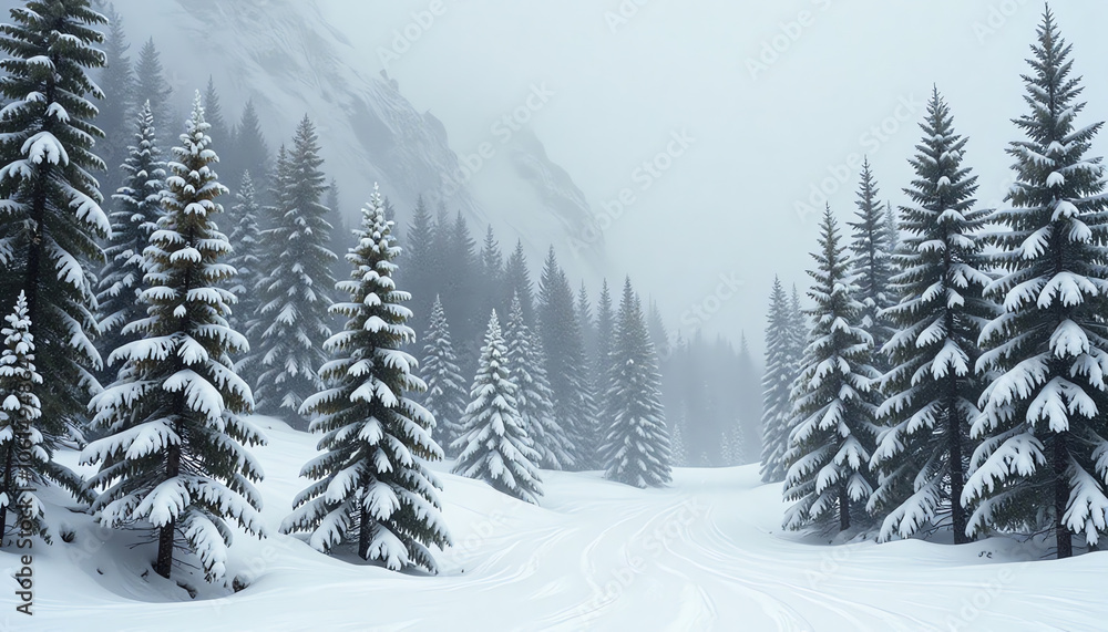Naklejka premium Snow covered pine trees in winter forest landscape