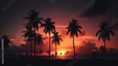 Vibrant Sunset Sky with Silhouettes of Palm Trees