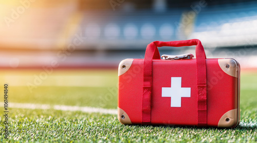 Professional First Aid Kit on Football Field at Dawn