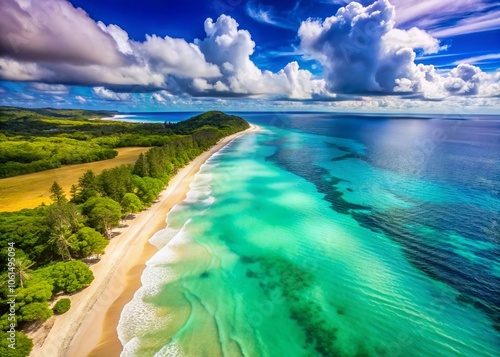 Stunning Drone Photography of a Tropical Beach Under a Clear Blue Sky with Turquoise Waters and Fluffy White Clouds – Perfect for Travel and Nature Enthusiasts