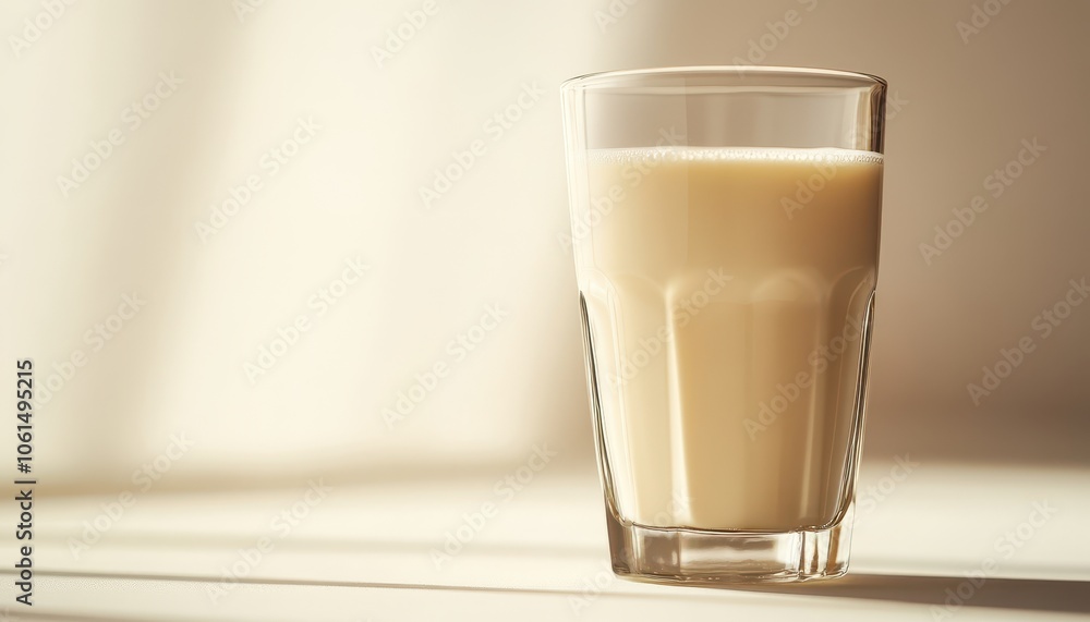 A clear glass filled with creamy milk, illuminated by soft natural light, creating a serene and inviting atmosphere. A clear glass filled with creamy milk, illuminated by soft natural light, creating a serene and inviting atmosphere.