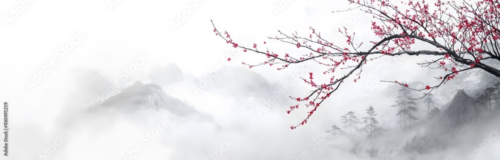 White background, white fog and mist, mountains in the distance, trees on top of the mountain, red plum blossoms blooming White background, white fog and mist, mountains in the distance, trees on top of the mountain, red plum blossoms blooming
