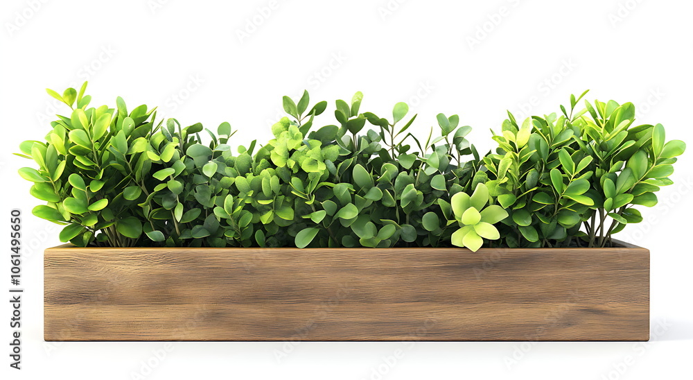 Obraz premium Wooden planter box with green plants, Generative AI