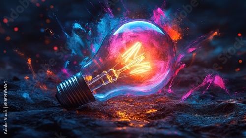 Creative light bulb surrounded by splashes of bright blue, pink, and orange paint, representing innovation and energy. The glowing filament contrasts sharply against the dark photo