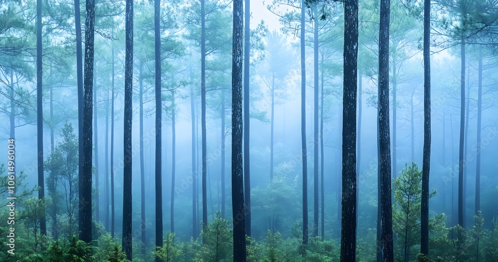 Naklejka premium pine forest with tall trees, against the backdrop of a foggy, misty morning light
