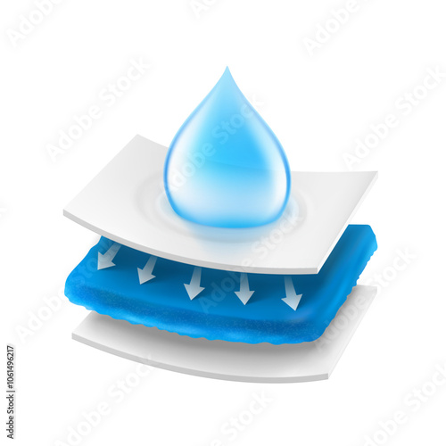 Realistic drop with layered absorbent core that shows prevents leaking. Vector illustration isolated on white background. Perfect for hygiene product and absorbent materials. EPS10.