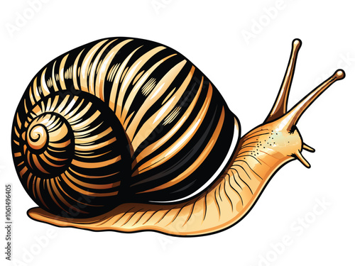 Generate a realistic vector illustration of a tiger snail. The snail should have a brown shell with black stripes, resembling a tiger's coat. Show its soft body extending from the shell.