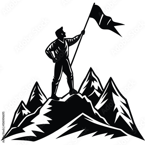 Victorious Mountaineer Triumphantly Unfurls Flag on Mountain Peak Summit