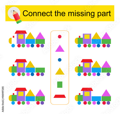 Connect the missing part. Attention task for kids. Cartoon train.