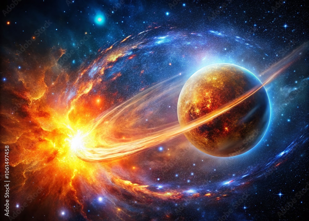 Obraz premium Stunning Long Exposure Illustration of a Fireball in Space with Vibrant Colors, Cosmic Elements, and Stellar Background for Astronomical Art and Science Enthusiasts