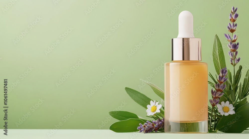 Artistic view of retinol serum surrounded by fresh lavender and chamomile, highlighting its soothing properties, Retinol with calming herbs, Natural and relaxing Artistic view of retinol serum surrounded by fresh lavender and chamomile, highlighting its soothing properties, Retinol with calming herbs, Natural and relaxing