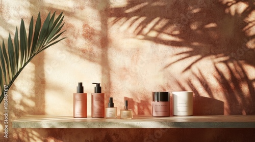 Display pedestal in front of a terracotta wall with textured palm shadows, perfect for beauty product showcases.