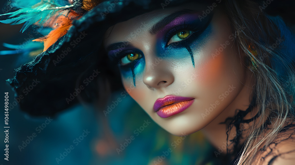 A playful witch with colorful makeup and a whimsical hat. A playful witch with colorful makeup and a whimsical hat.