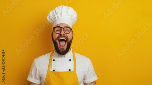 Artistic depiction of a man wearing a chef s hat and apron, having fun in the kitchen, Man having fun while cooking, Joyful and playful photo