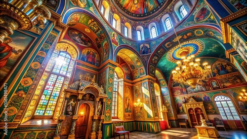 Stunning Macro Photography of Orthodox Temple Interior with Sunlight Streaming Through Elaborate Windows, Capturing Sacred Architecture and Spiritual Atmosphere