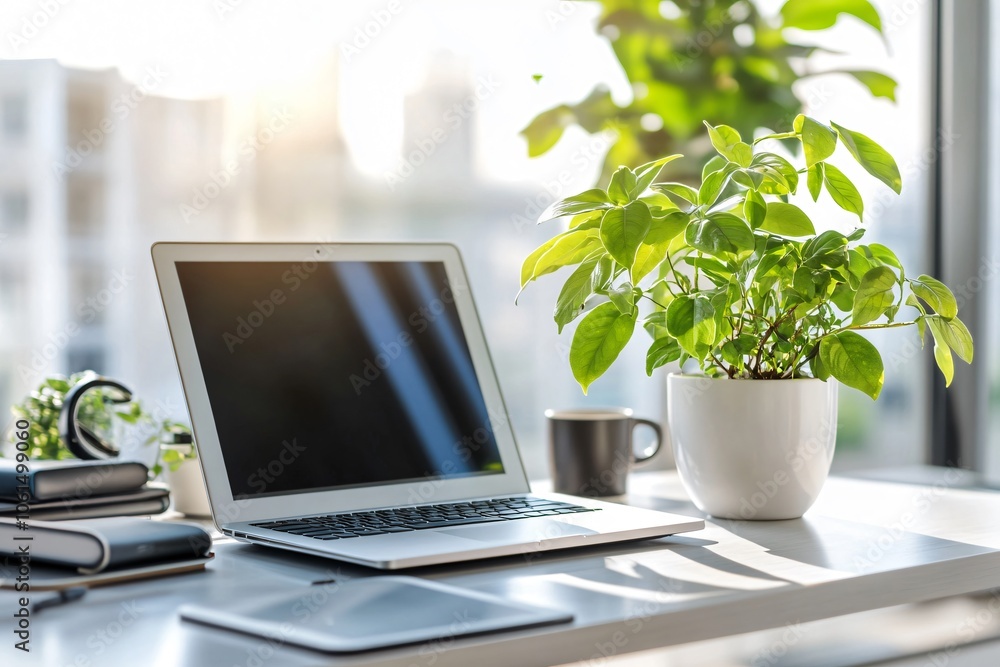 Bright Minimal Office Desk with Single Plant Bright Minimal Office Desk with Single Plant