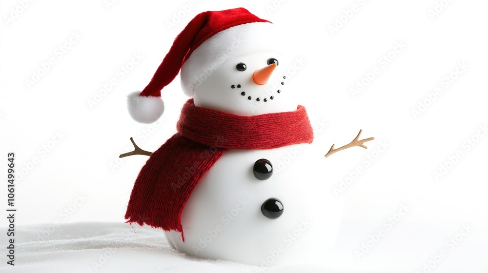 One snowman with red scarf and Santa hat on isolated white background One snowman with red scarf and Santa hat on isolated white background