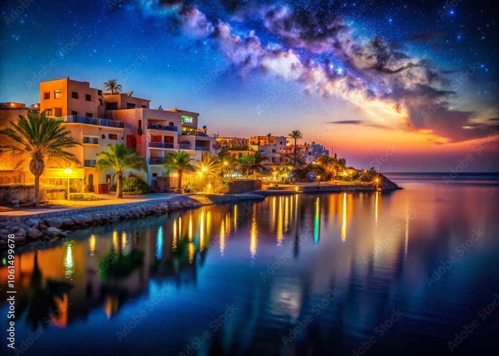 Fototapeta premium Stunning Nighttime Architectural Photography of the Red Sea in the Middle East with Starry Skies, Illuminated Structures, and Vibrant Reflections on Water