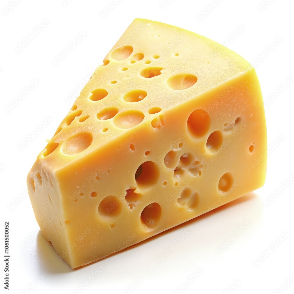 A slice of cheese with holes on a white background for culinary uses. Generative AI A slice of cheese with holes on a white background for culinary uses. Generative AI