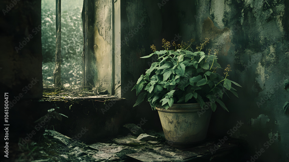 A pot of deadly nightshade growing in a dilapidated witch’s hut. A pot of deadly nightshade growing in a dilapidated witch’s hut.