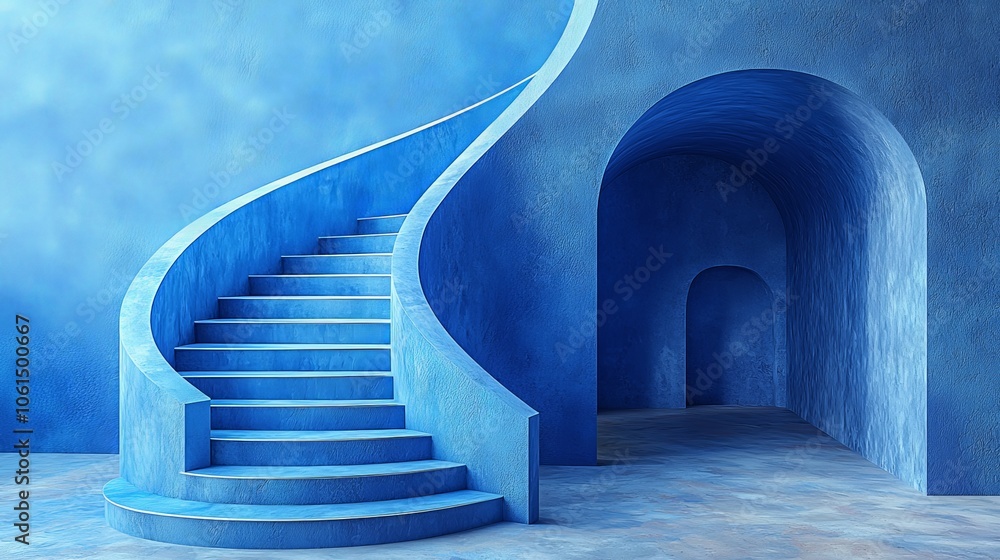 A serene blue interior featuring a curved staircase and archway, creating a tranquil atmosphere. A serene blue interior featuring a curved staircase and archway, creating a tranquil atmosphere.