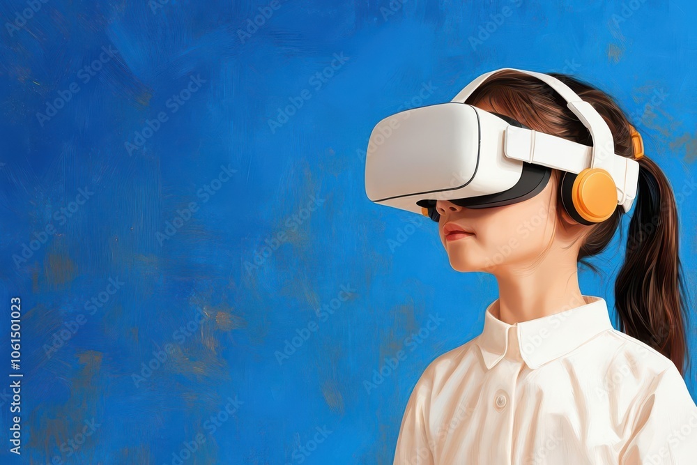Artistic depiction of a young girl wearing a virtual reality headset in a science lab, exploring a digital world, Girl in VR learning lab, Futuristic and immersive Artistic depiction of a young girl wearing a virtual reality headset in a science lab, exploring a digital world, Girl in VR learning lab, Futuristic and immersive