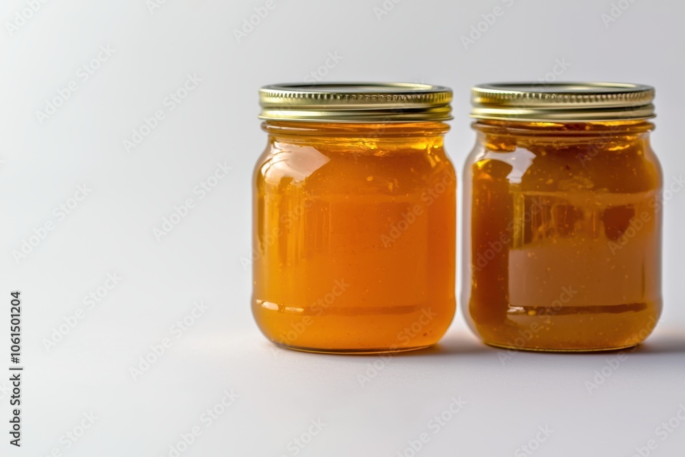 Two jars of honey with golden hues, showcasing their natural sweetness and potential culinary uses. Two jars of honey with golden hues, showcasing their natural sweetness and potential culinary uses.