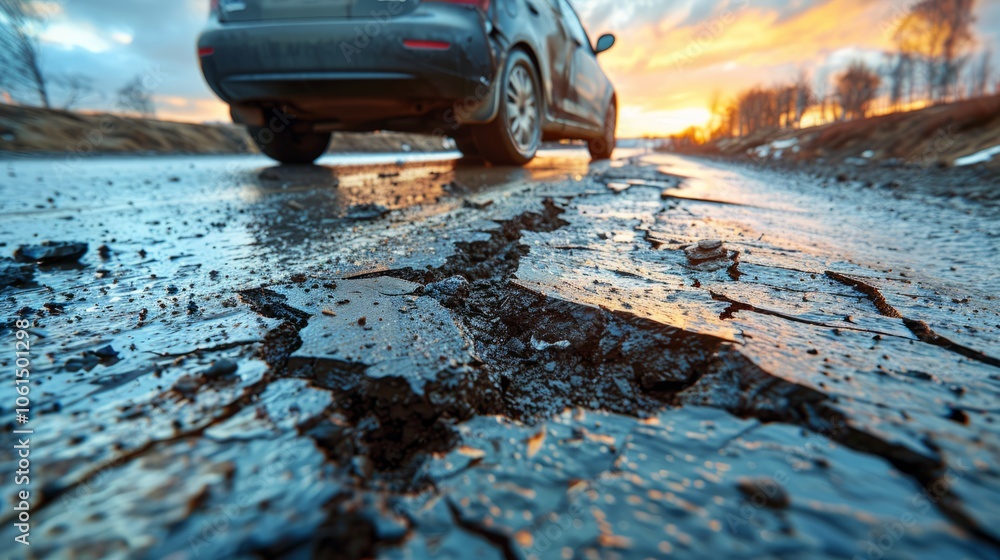 A vehicle is parked on a cracked asphalt road during sunset, with a colorful sky in the background illuminating the surrounding area A vehicle is parked on a cracked asphalt road during sunset, with a colorful sky in the background illuminating the surrounding area