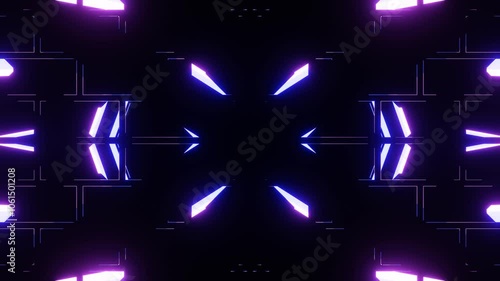 Purple and blue neon lights are moving and creating different symmetrical patterns on a black background. This vj loop animation is perfect for music videos, live events, and more
