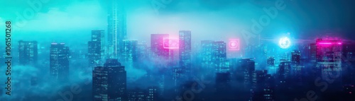 A dystopian city skyline obscured by smog, cyberpunk style, neonlit buildings, glowing holograms in the smog, dense atmosphere, dark tones, digital painting